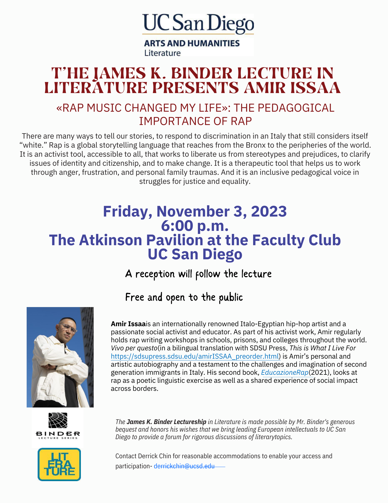 Lecture flyer declaring the upcoming event with hip hop artist Amir Issaa